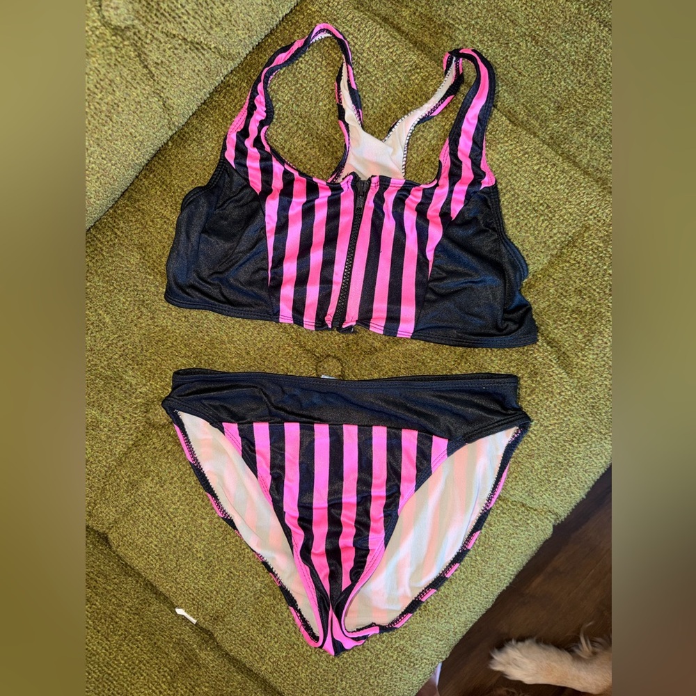 Vintage Tropic Zone Pink & Black Striped Bikini | Zip Front | Size 7/8